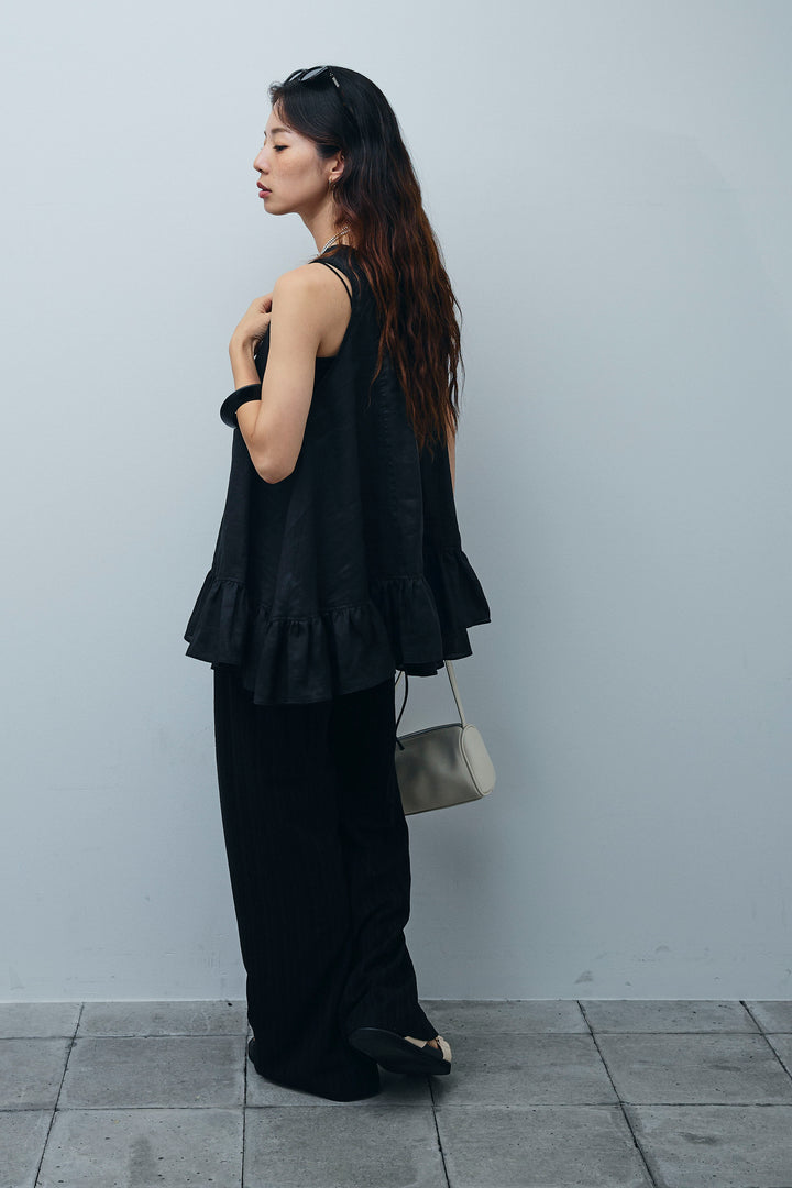 [予約/SET]リネン100%バックレースアップブラウス+ニュアンスラインワイドパンツ(2set)