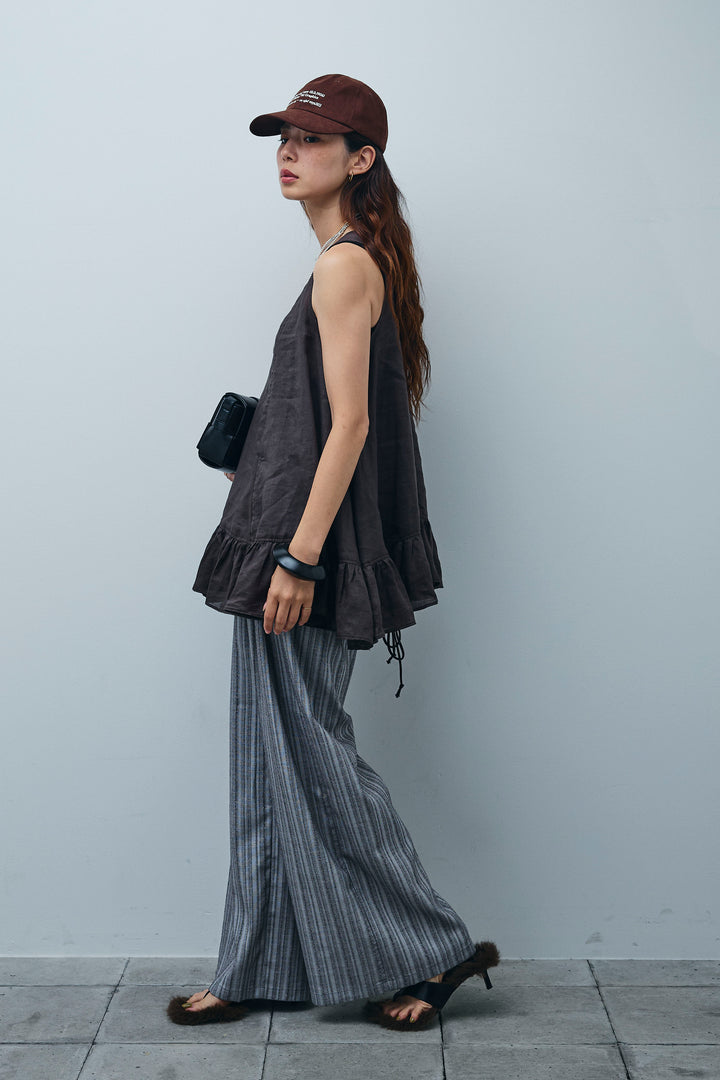 [予約/SET]リネン100%バックレースアップブラウス+ニュアンスラインワイドパンツ(2set)