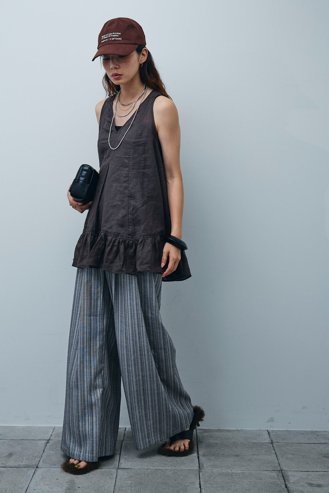 [予約/SET]リネン100%バックレースアップブラウス+ニュアンスラインワイドパンツ(2set)