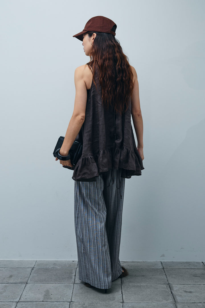 [予約/SET]リネン100%バックレースアップブラウス+ニュアンスラインワイドパンツ(2set)