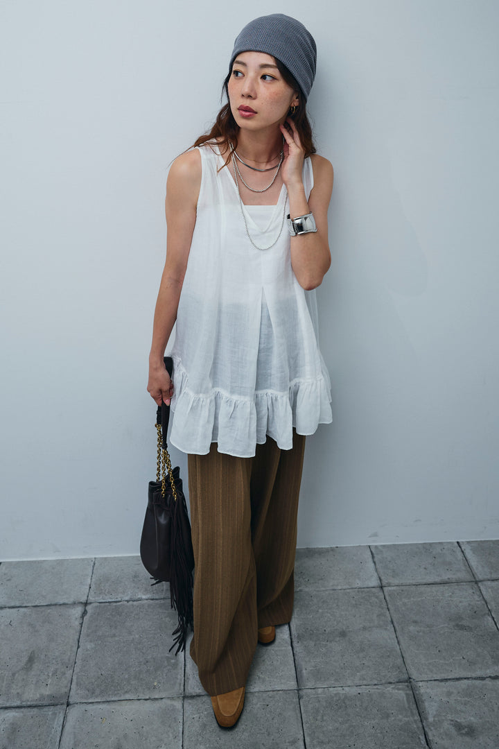 [予約/SET]リネン100%バックレースアップブラウス+ニュアンスラインワイドパンツ(2set)