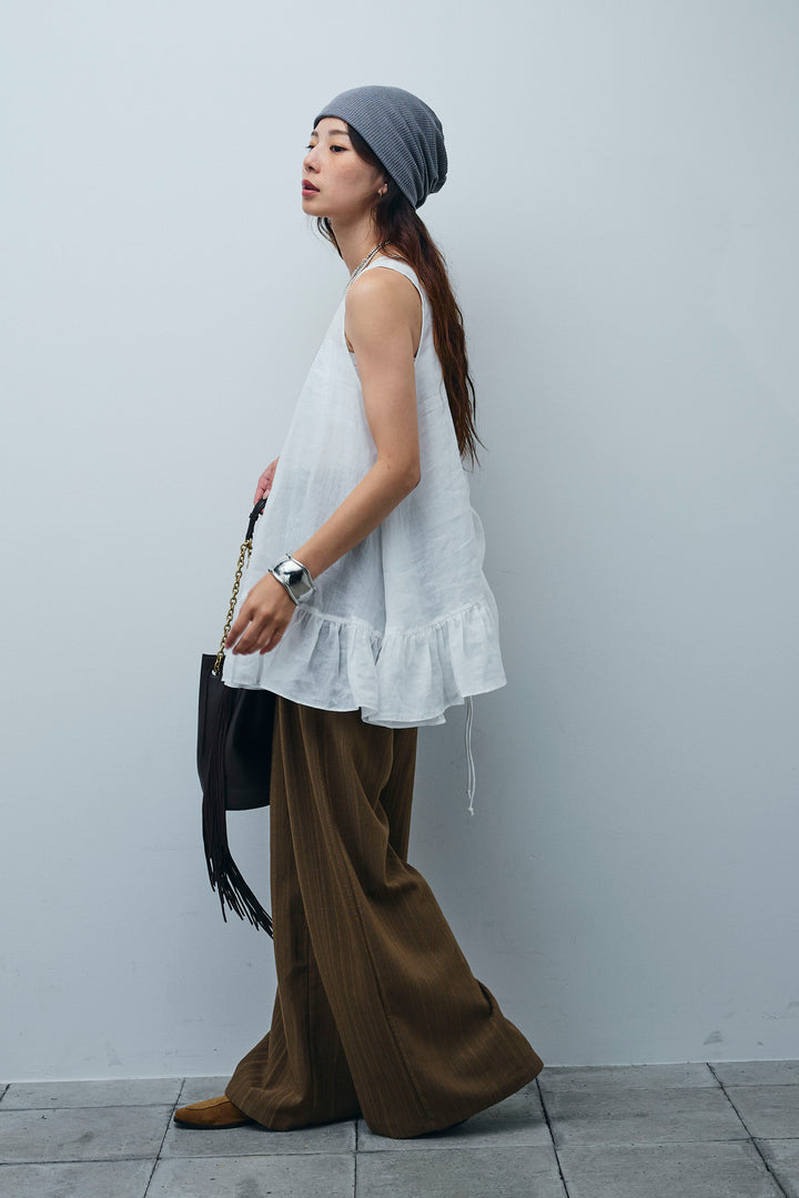 [予約/SET]リネン100%バックレースアップブラウス+ニュアンスラインワイドパンツ(2set)