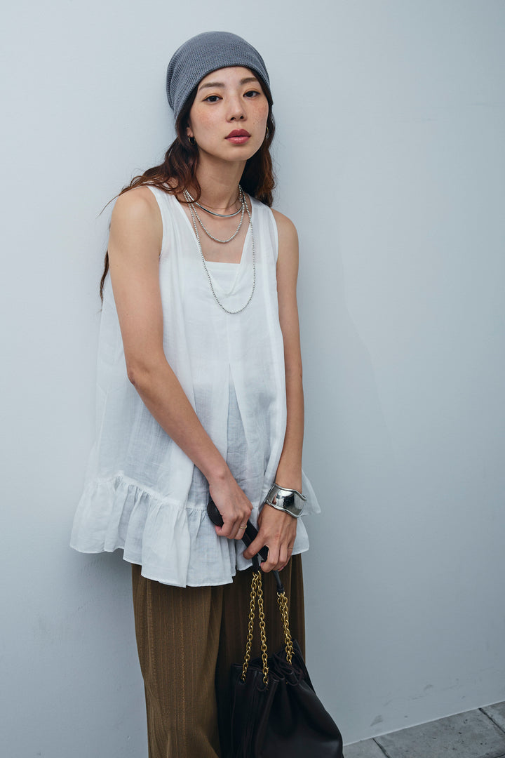 [予約/SET]リネン100%バックレースアップブラウス+ニュアンスラインワイドパンツ(2set)