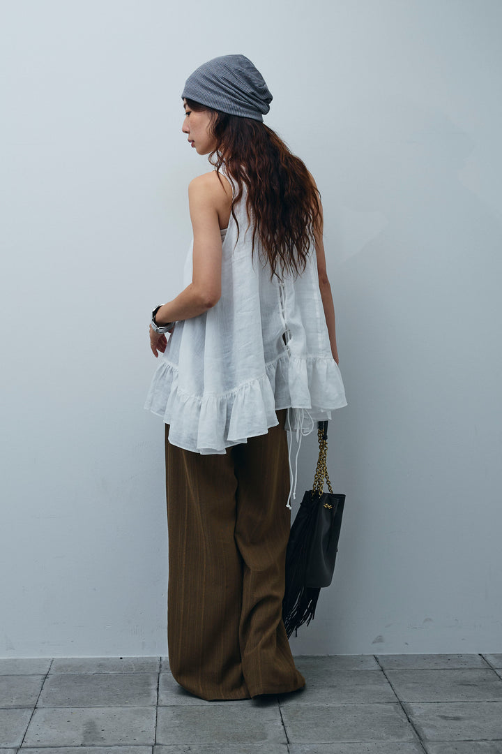 [予約/SET]リネン100%バックレースアップブラウス+ニュアンスラインワイドパンツ(2set)