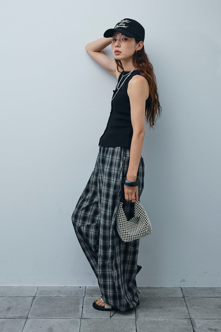 [予約/SET]リネンライクリブニットキャミ+テレコリブカップ付きノースリーブ トップス+チェックバレルレッグワイドパンツ(3set)