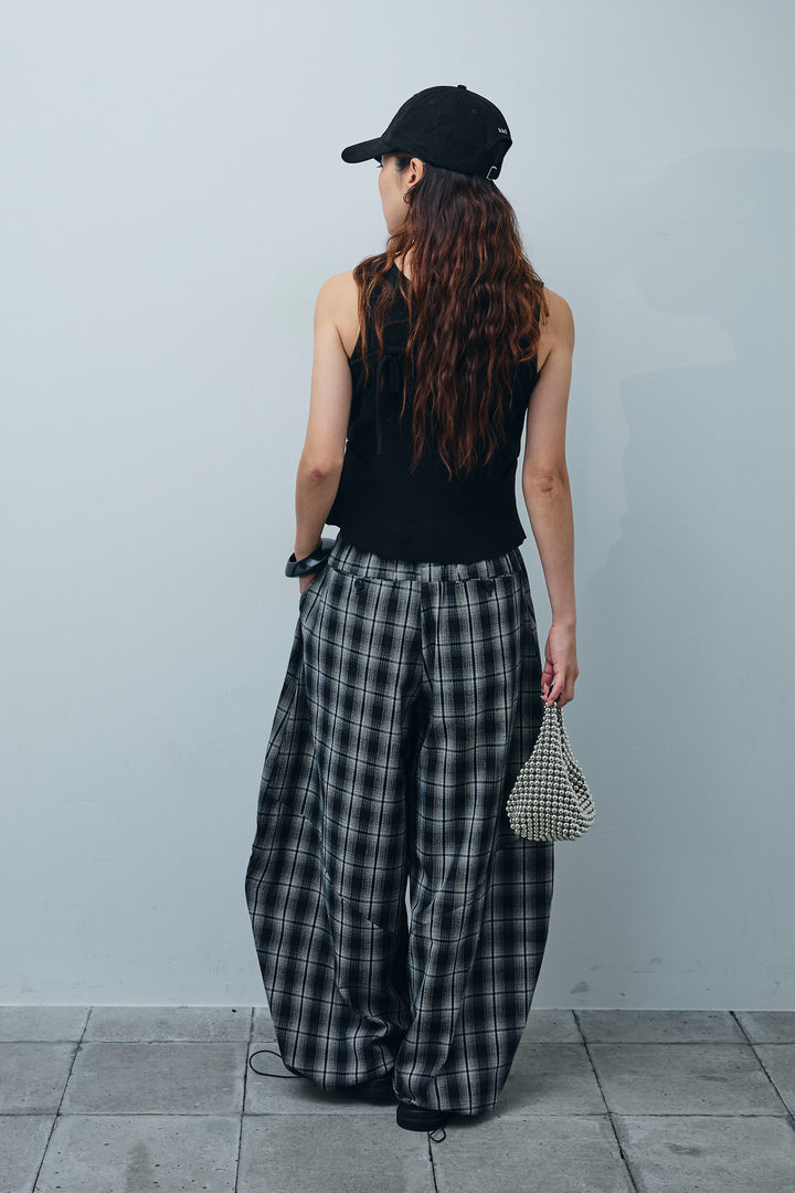 [予約/SET]リネンライクリブニットキャミ+テレコリブカップ付きノースリーブ トップス+チェックバレルレッグワイドパンツ(3set)