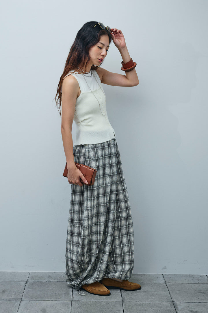 [予約/SET]リネンライクリブニットキャミ+テレコリブカップ付きノースリーブ トップス+チェックバレルレッグワイドパンツ(3set)