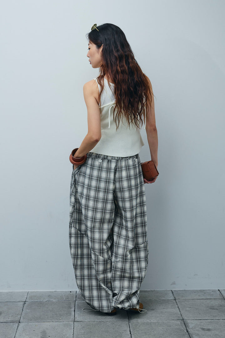 [予約/SET]リネンライクリブニットキャミ+テレコリブカップ付きノースリーブ トップス+チェックバレルレッグワイドパンツ(3set)