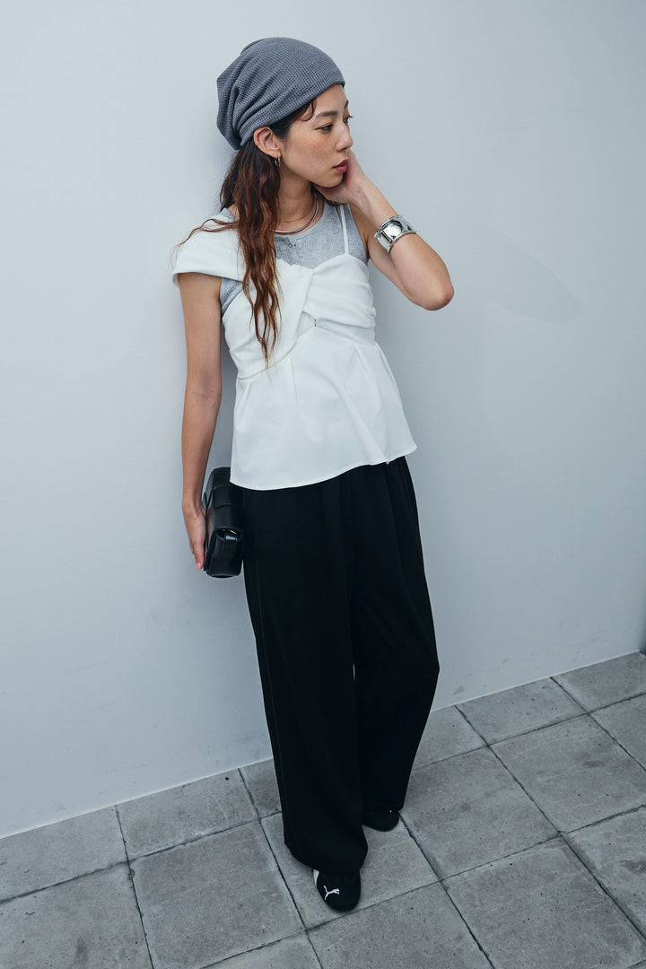 [予約/SET]アシンメトリーキャミソール+セルフカットリブヘンリーネックノースリーブトップス+ダブルウエストサイドラインスウェット(3set)