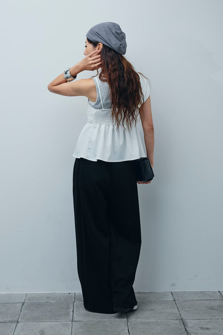 [予約/SET]アシンメトリーキャミソール+セルフカットリブヘンリーネックノースリーブトップス+ダブルウエストサイドラインスウェット(3set)