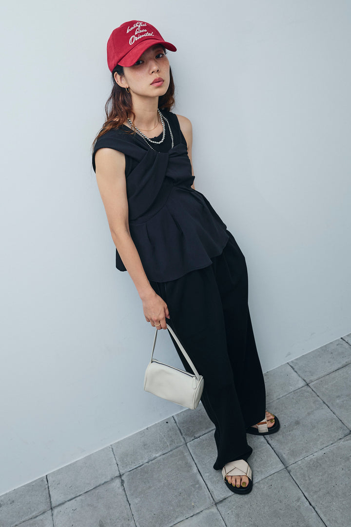 [予約/SET]アシンメトリーキャミソール+セルフカットリブヘンリーネックノースリーブトップス+ダブルウエストサイドラインスウェット(3set)