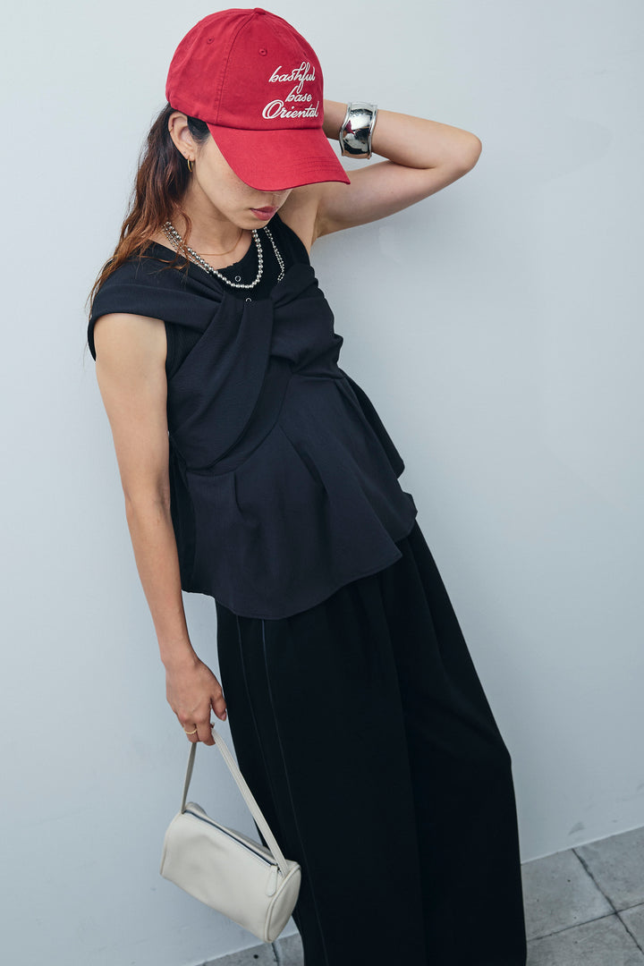 [予約/SET]アシンメトリーキャミソール+セルフカットリブヘンリーネックノースリーブトップス+ダブルウエストサイドラインスウェット(3set)