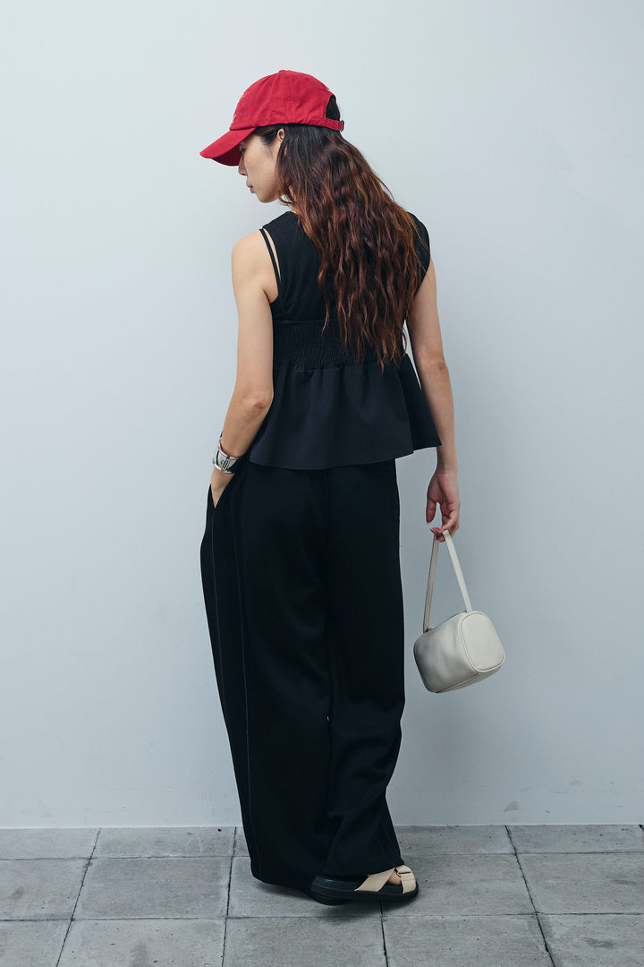 [予約/SET]アシンメトリーキャミソール+セルフカットリブヘンリーネックノースリーブトップス+ダブルウエストサイドラインスウェット(3set)