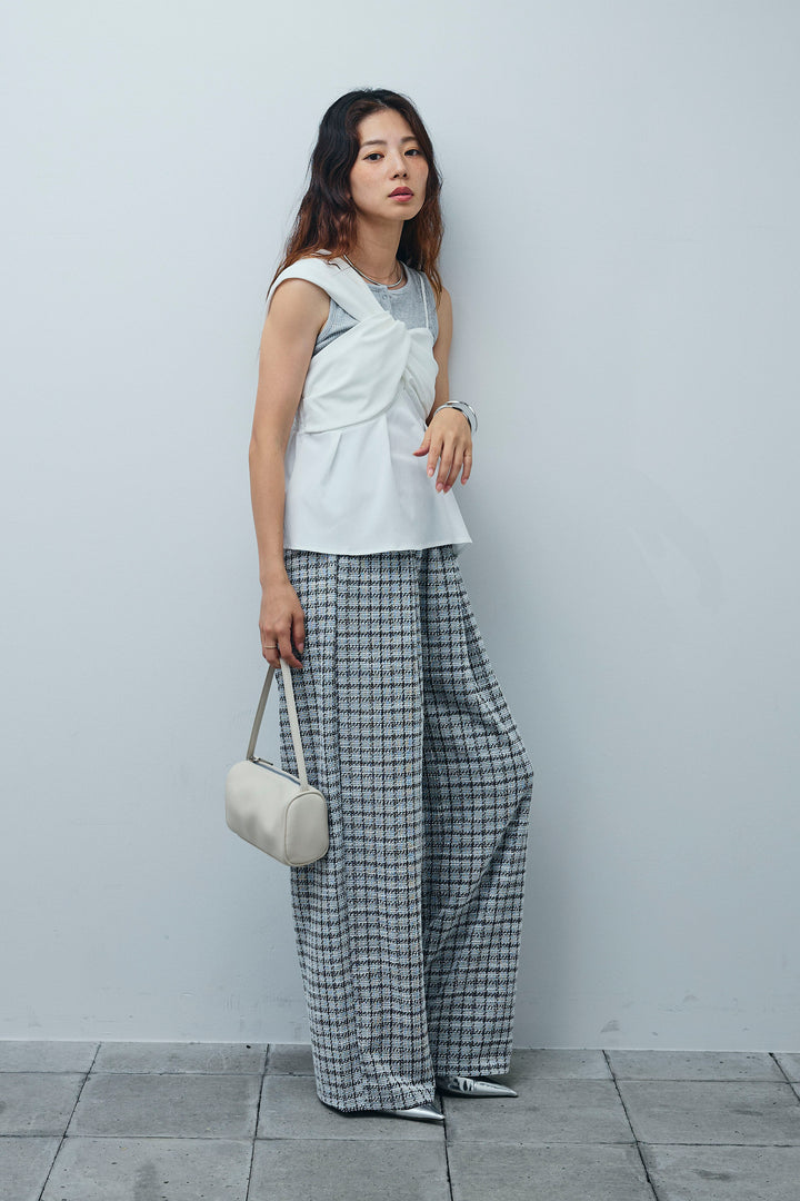 [予約/SET]アシンメトリーキャミソール+セルフカットリブヘンリーネックノースリーブトップス(2set)