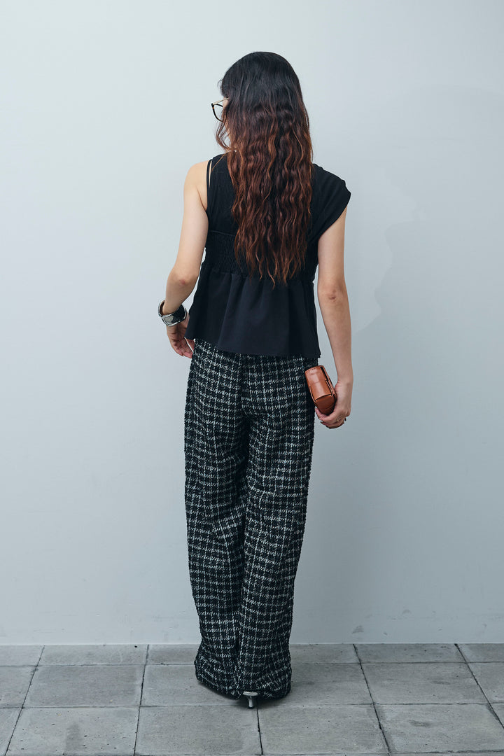 [予約/SET]アシンメトリーキャミソール+セルフカットリブヘンリーネックノースリーブトップス+サマーツイードリラックスパンツ(3set)