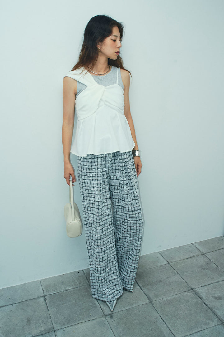 [予約/SET]アシンメトリーキャミソール+セルフカットリブヘンリーネックノースリーブトップス(2set)