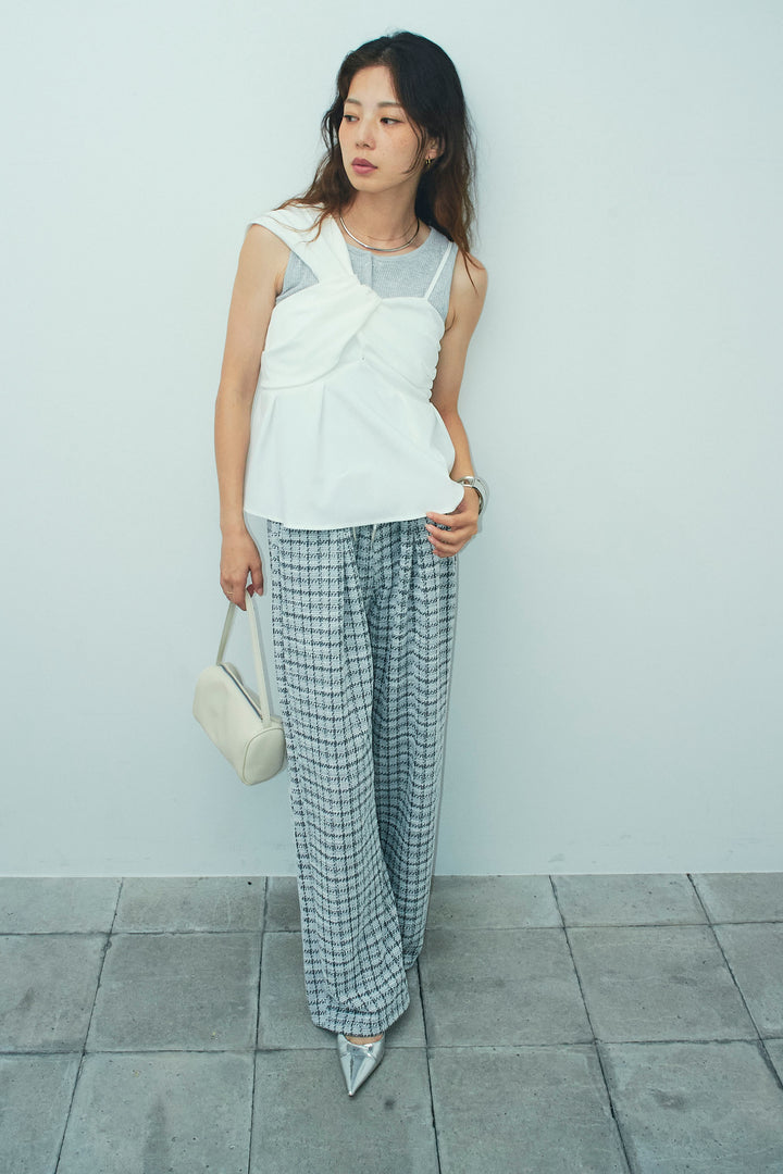 [予約/SET]アシンメトリーキャミソール+セルフカットリブヘンリーネックノースリーブトップス(2set)