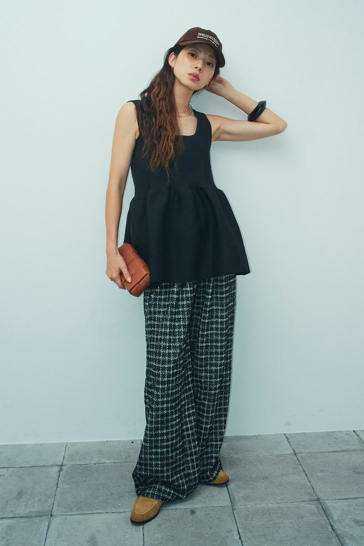 [予約/SET]2wayぺプラムニットトップス+サマーツイードリラックスパンツ(2set)