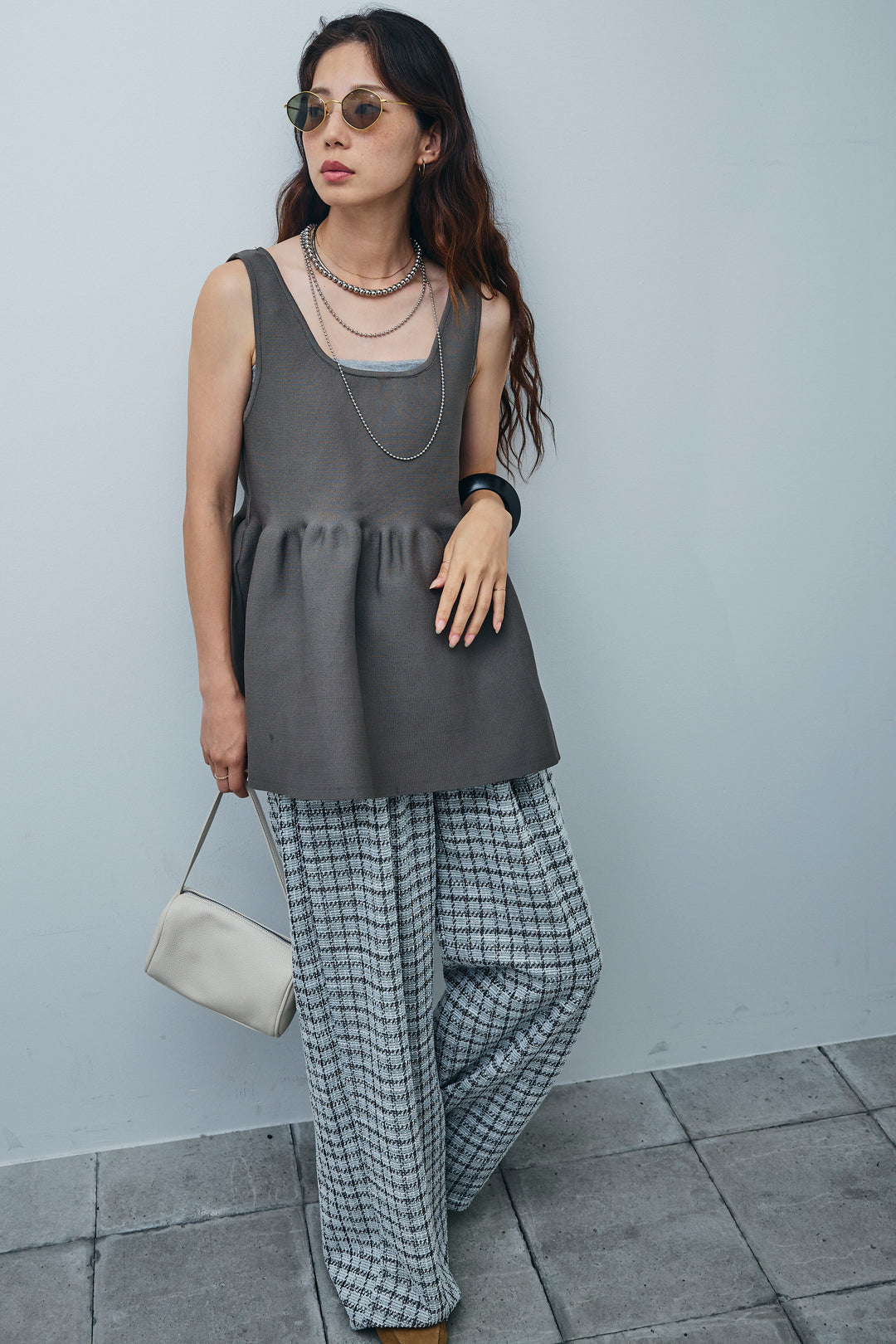 [予約/SET]2wayぺプラムニットトップス+サマーツイードリラックスパンツ(2set)