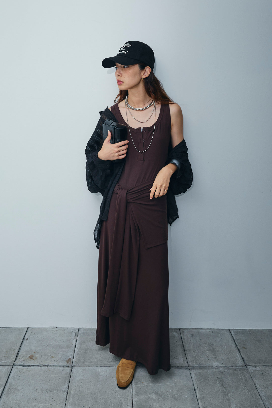 [予約/SET]ラップレイヤードリブロングワンピース+シアーブラウス(2set)