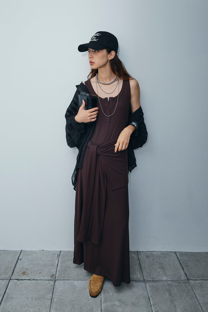 [予約/SET]ラップレイヤードリブロングワンピース+シアーブラウス(2set)