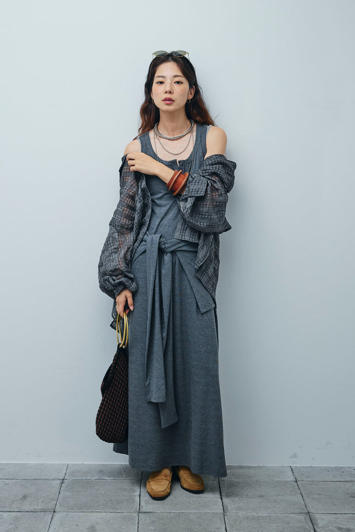 [予約/SET]ラップレイヤードリブロングワンピース+シアーブラウス(2set)