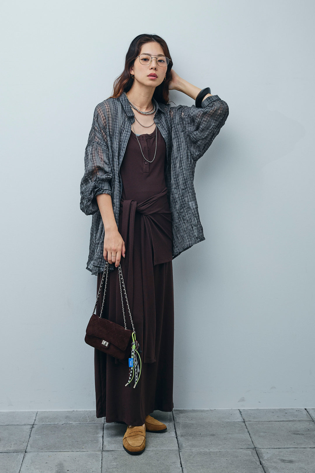 [予約/SET]ラップレイヤードリブロングワンピース+シアーブラウス(2set)