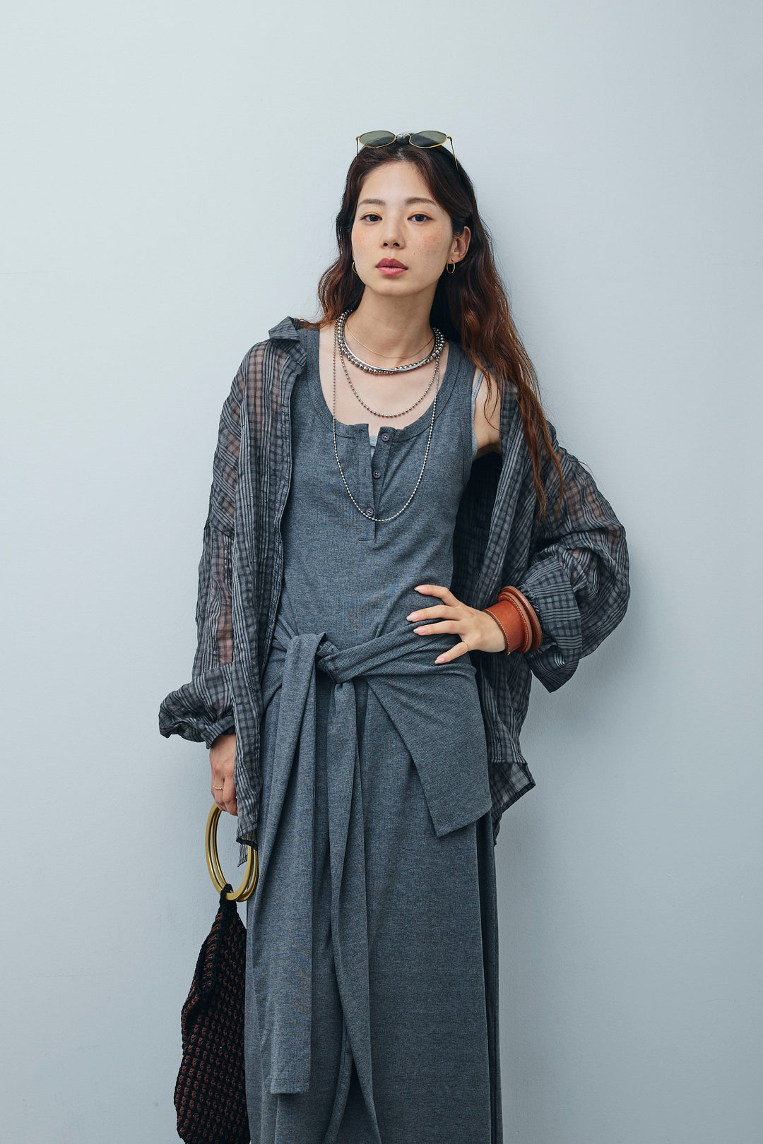 [予約/SET]ラップレイヤードリブロングワンピース+シアーブラウス(2set)