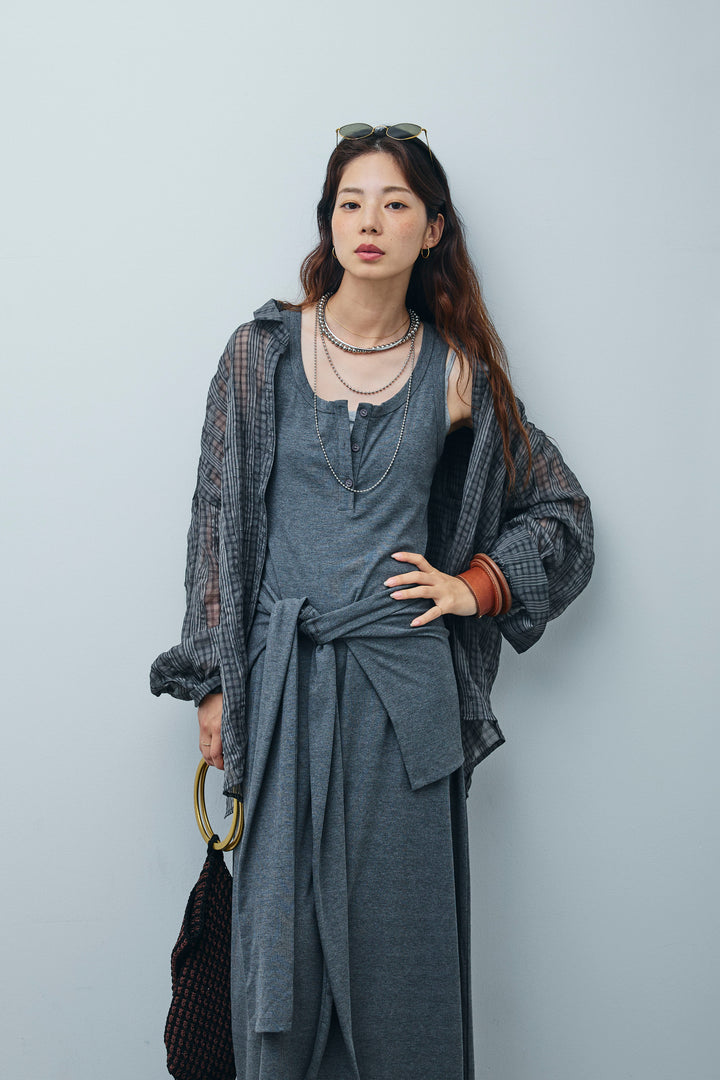 [予約/SET]ラップレイヤードリブロングワンピース+シアーブラウス(2set)