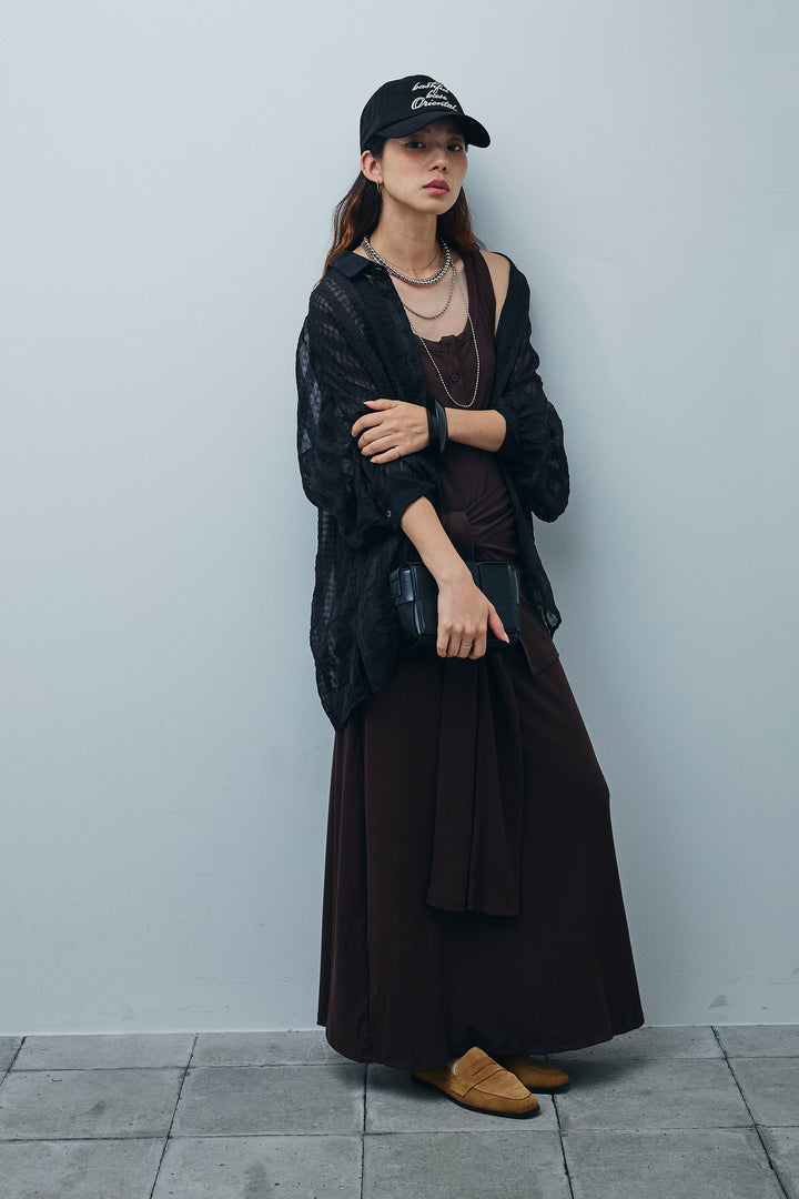 [予約/SET]ラップレイヤードリブロングワンピース+シアーブラウス(2set)