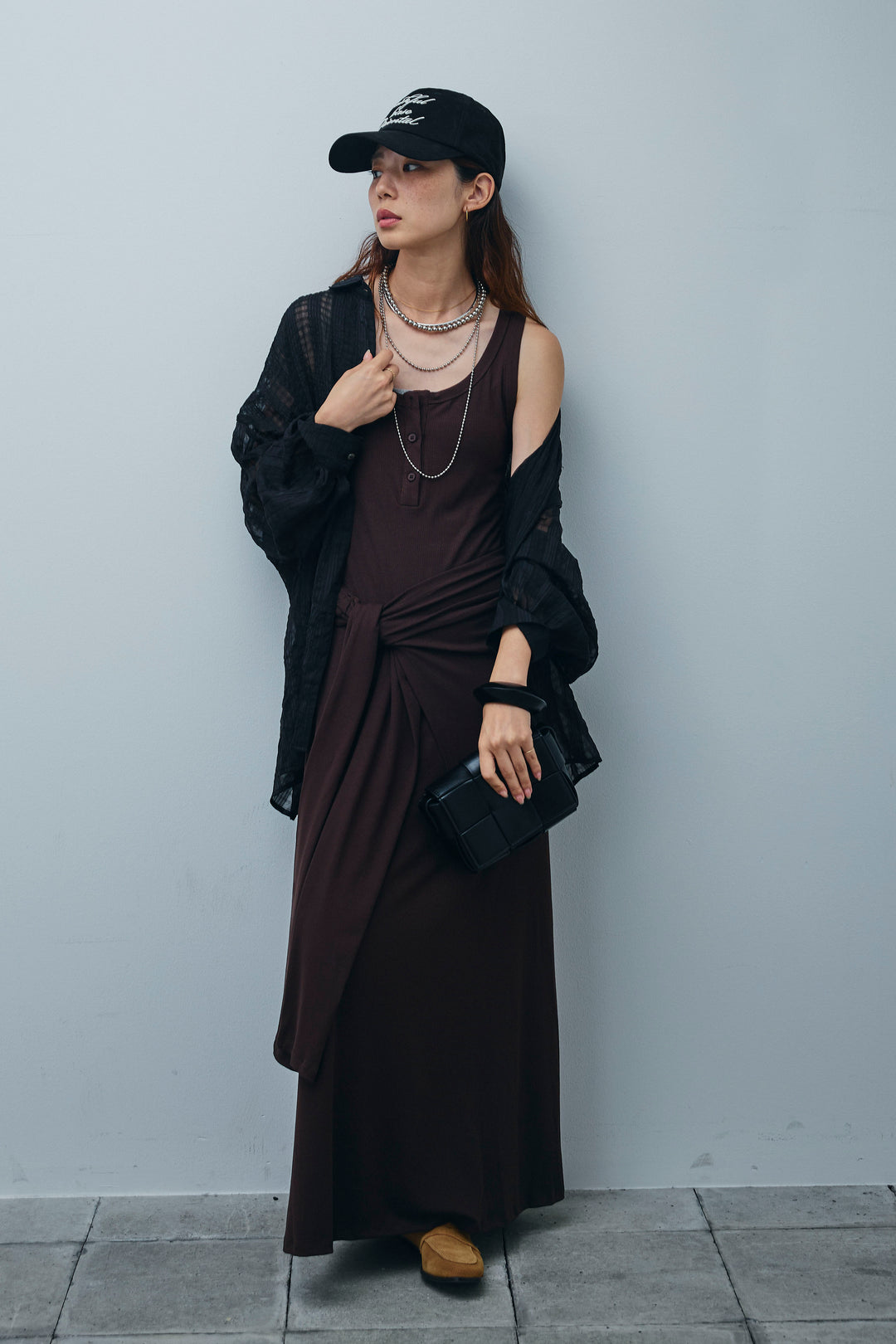 [予約/SET]ラップレイヤードリブロングワンピース+シアーブラウス(2set)