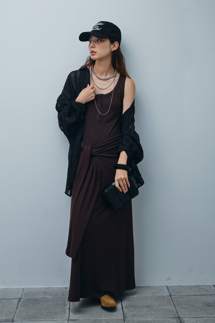 [予約/SET]ラップレイヤードリブロングワンピース+シアーブラウス(2set)