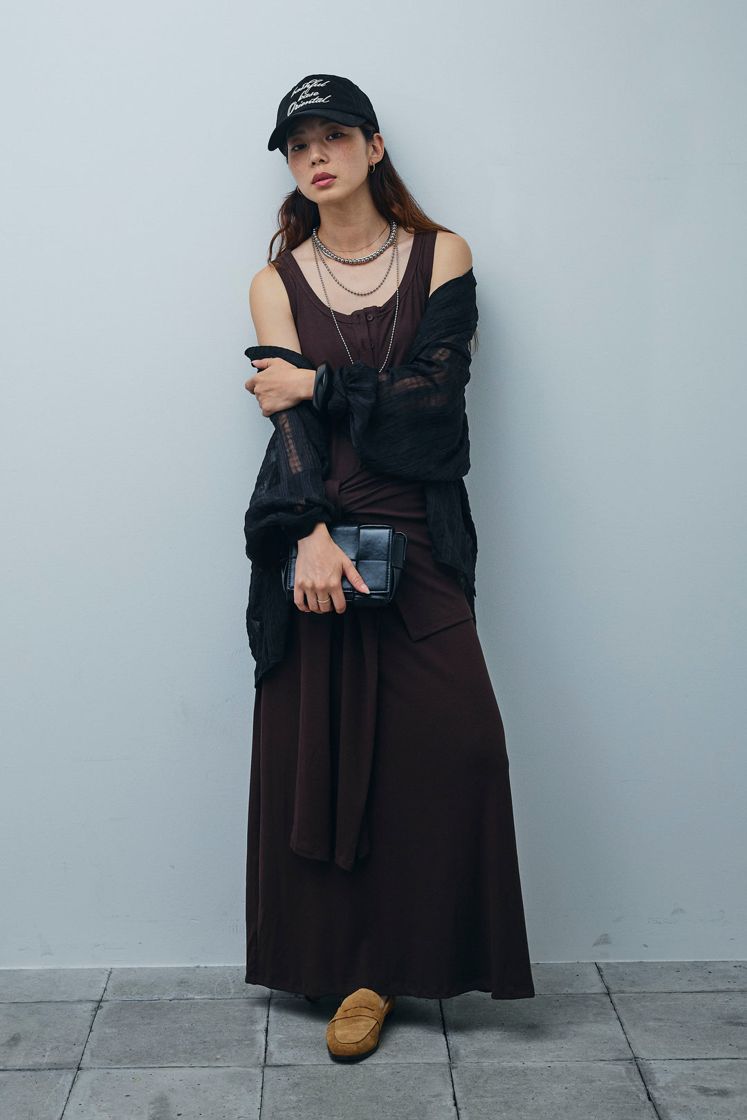 [予約/SET]ラップレイヤードリブロングワンピース+シアーブラウス(2set)