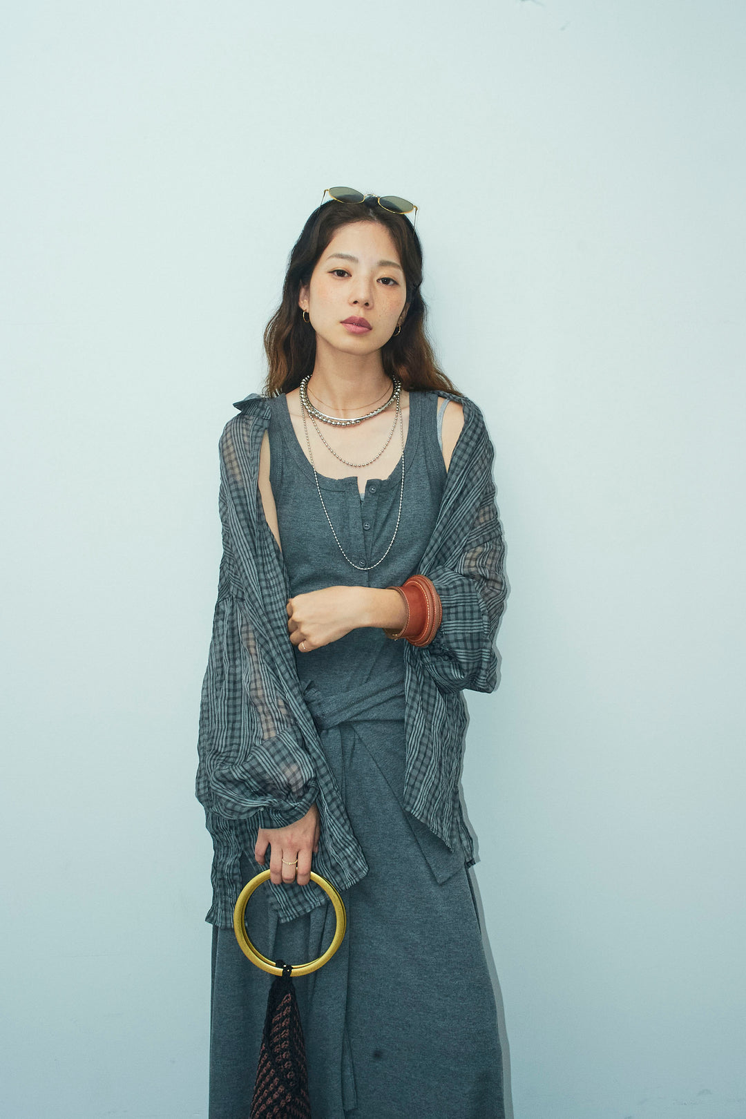 [予約/SET]ラップレイヤードリブロングワンピース+シアーブラウス(2set)