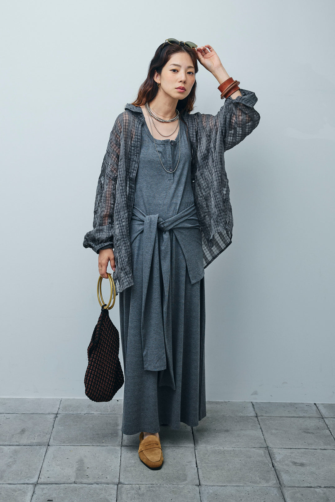 [予約/SET]ラップレイヤードリブロングワンピース+シアーブラウス(2set)