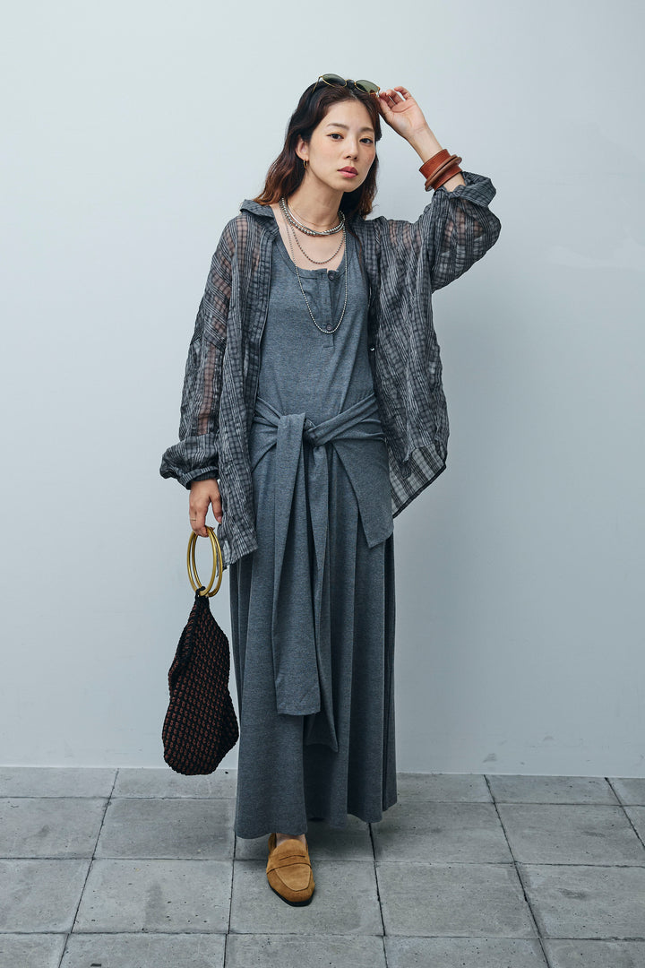 [予約/SET]ラップレイヤードリブロングワンピース+シアーブラウス(2set)