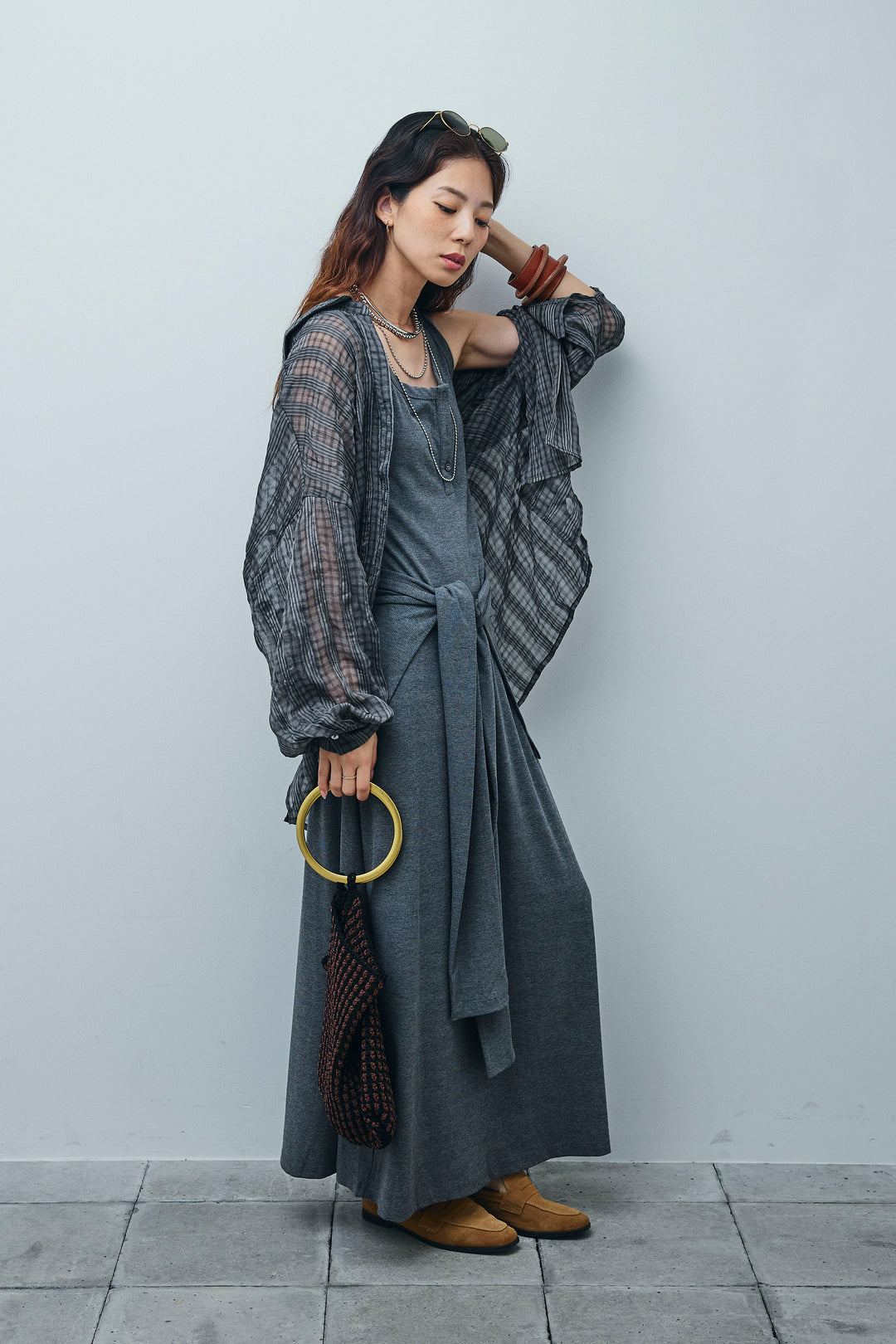 [予約/SET]ラップレイヤードリブロングワンピース+シアーブラウス(2set)