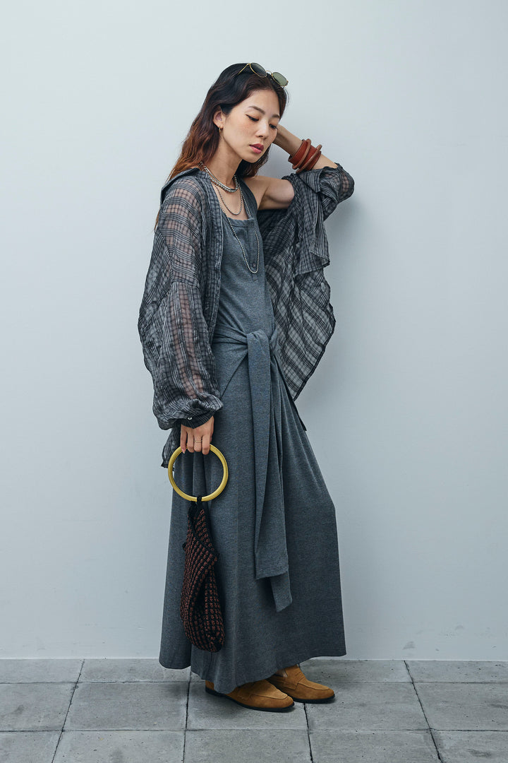 [予約/SET]ラップレイヤードリブロングワンピース+シアーブラウス(2set)