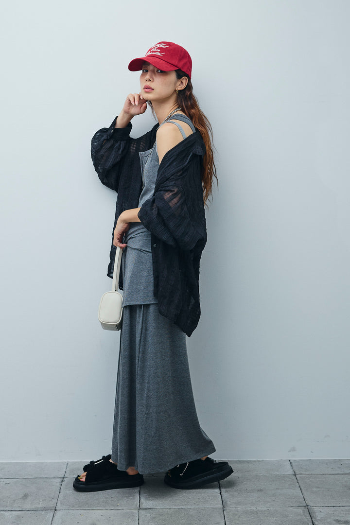 [予約/SET]ラップレイヤードリブロングワンピース+シアーブラウス(2set)