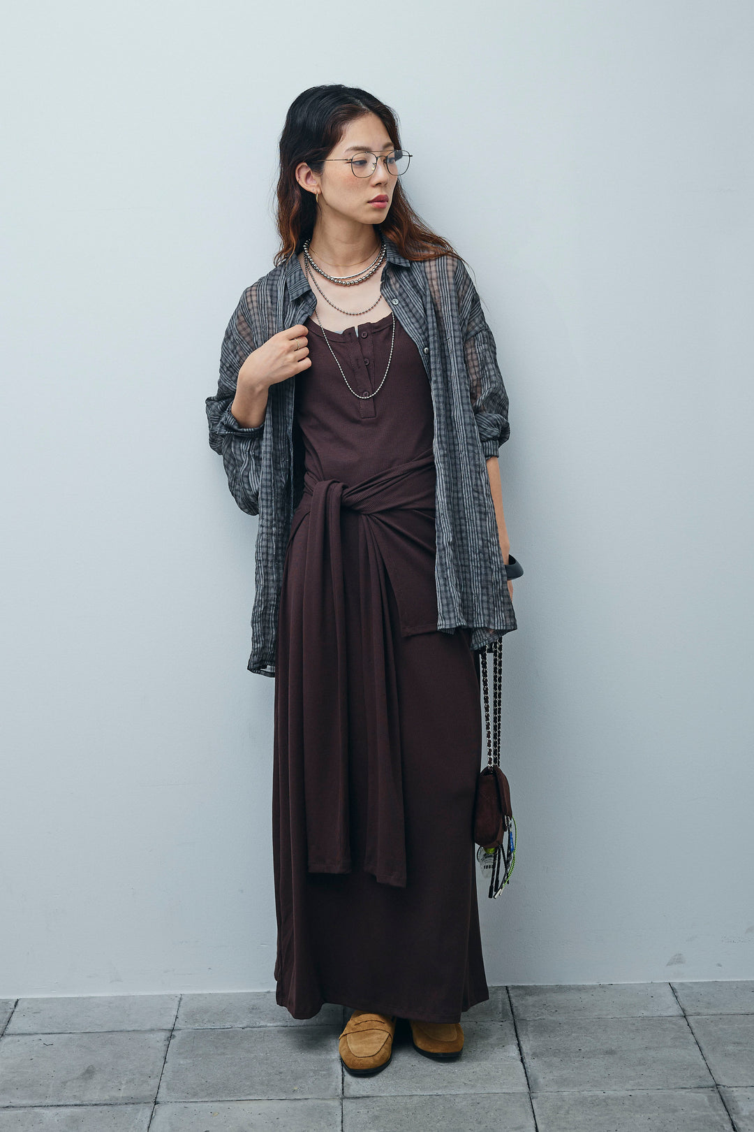 [予約/SET]ラップレイヤードリブロングワンピース+シアーブラウス(2set)