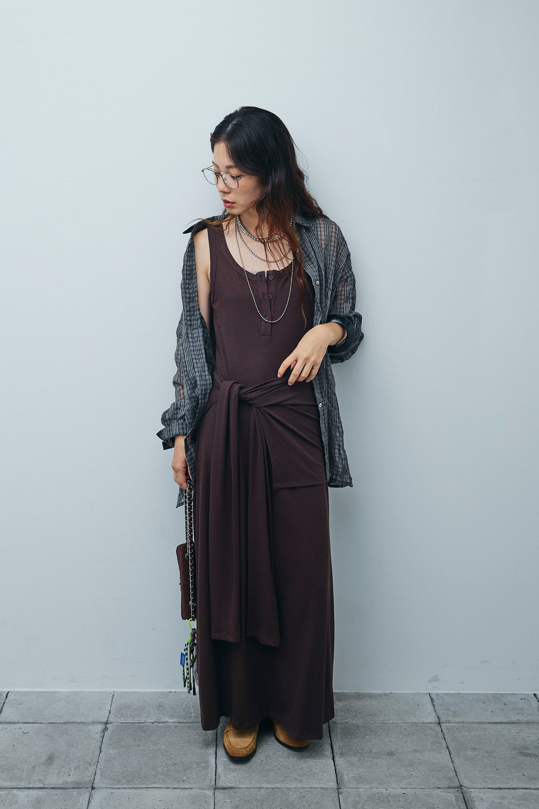 [予約/SET]ラップレイヤードリブロングワンピース+シアーブラウス(2set)