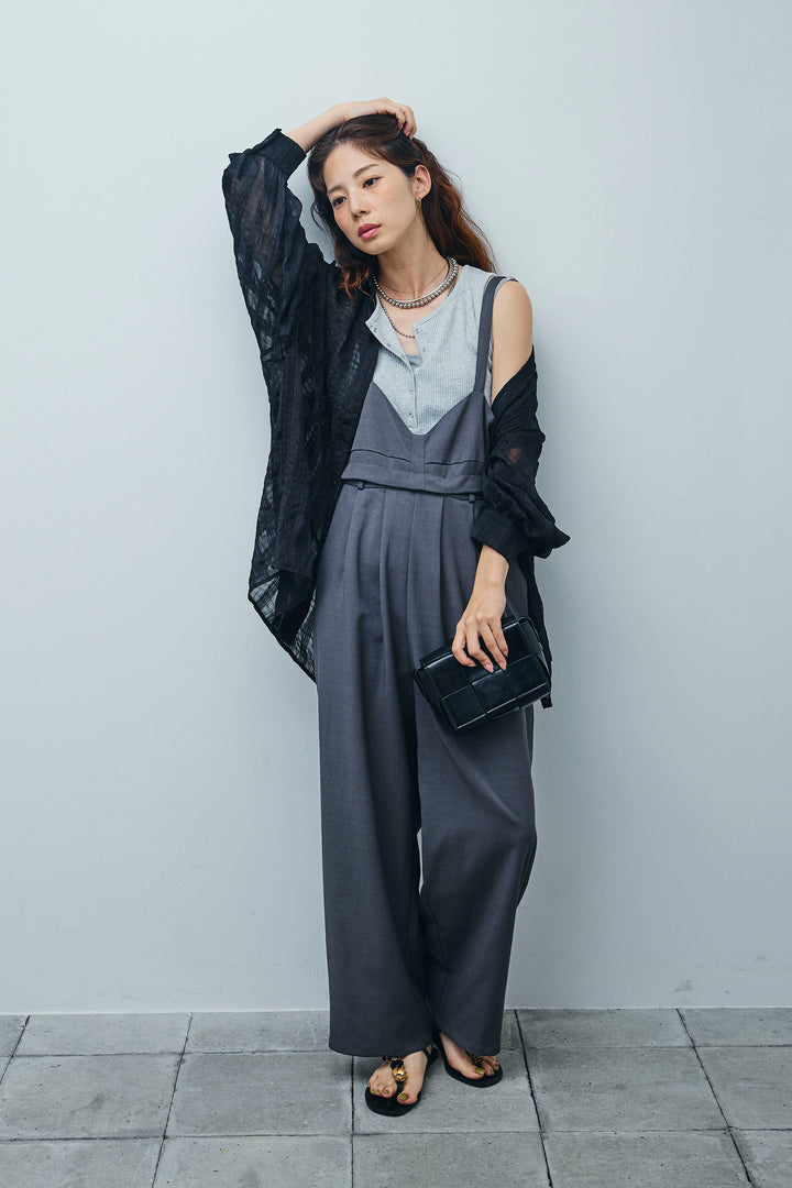 [予約/SET]シアーブラウス+セルフカットリブヘンリーネックノースリーブトップス+TRツイル2wayビスチェサロペ(3set)