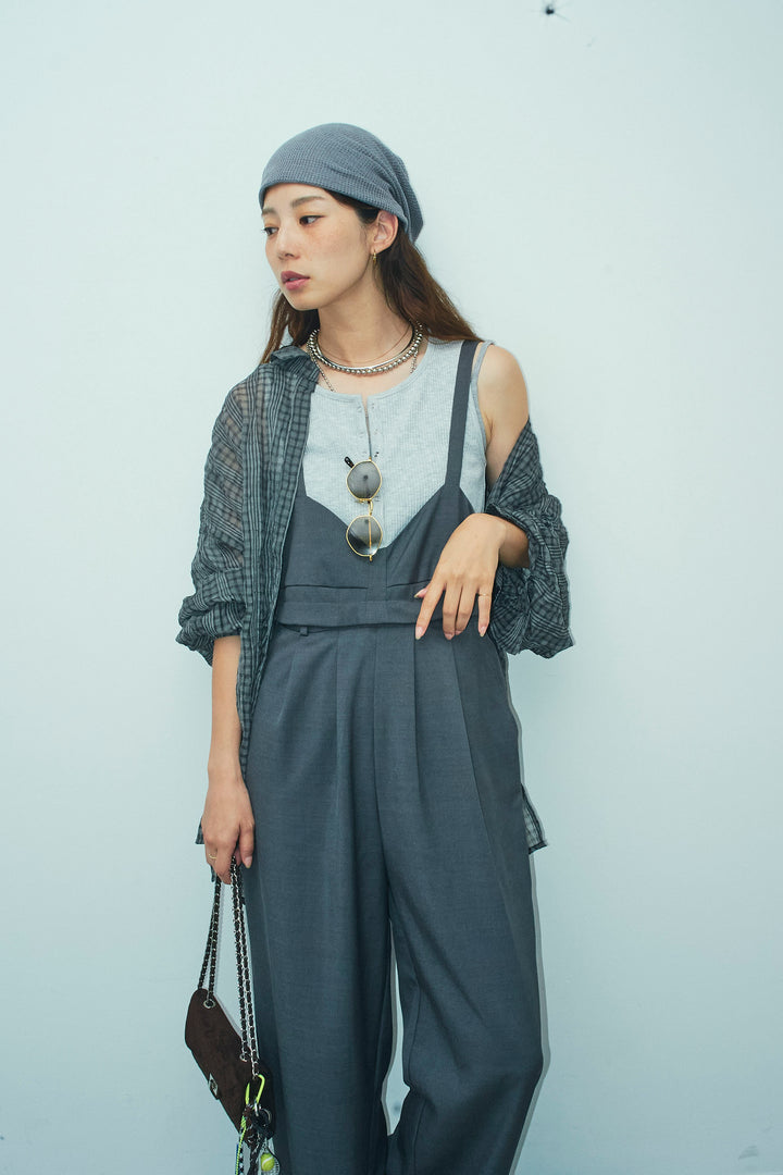 [予約/SET]シアーブラウス+セルフカットリブヘンリーネックノースリーブトップス+TRツイル2wayビスチェサロペ(3set)