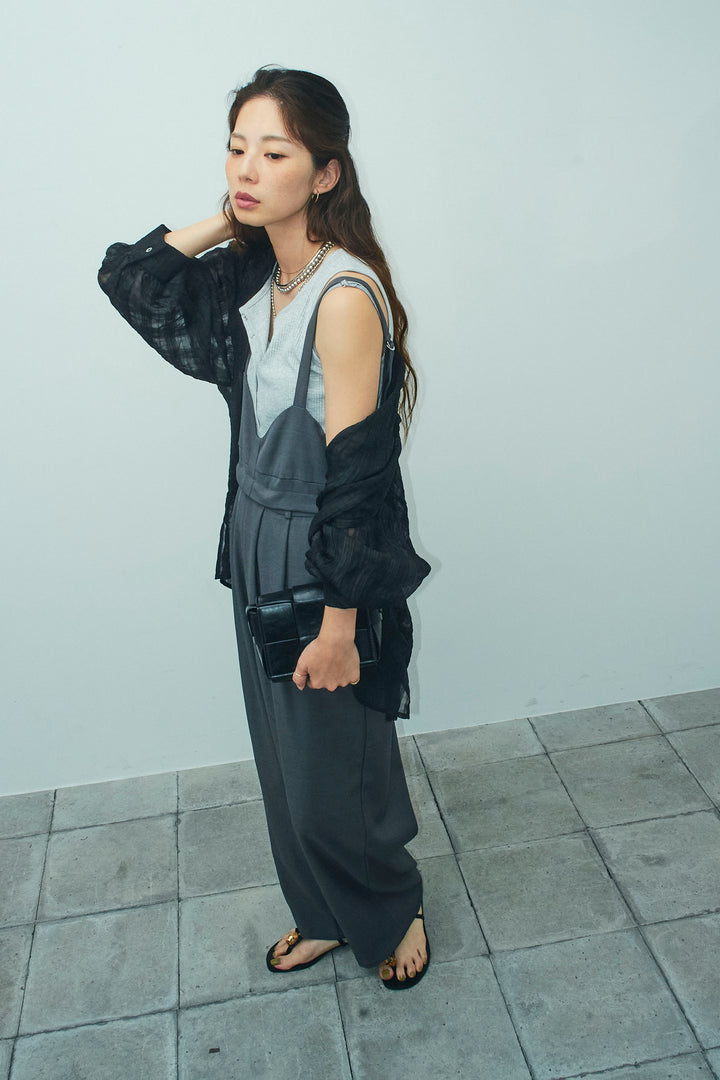 [予約/SET]シアーブラウス+セルフカットリブヘンリーネックノースリーブトップス+TRツイル2wayビスチェサロペ(3set)