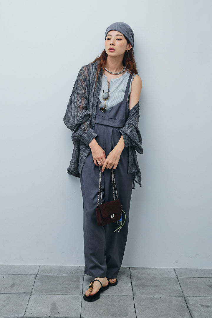 [予約/SET]シアーブラウス+セルフカットリブヘンリーネックノースリーブトップス+TRツイル2wayビスチェサロペ(3set)