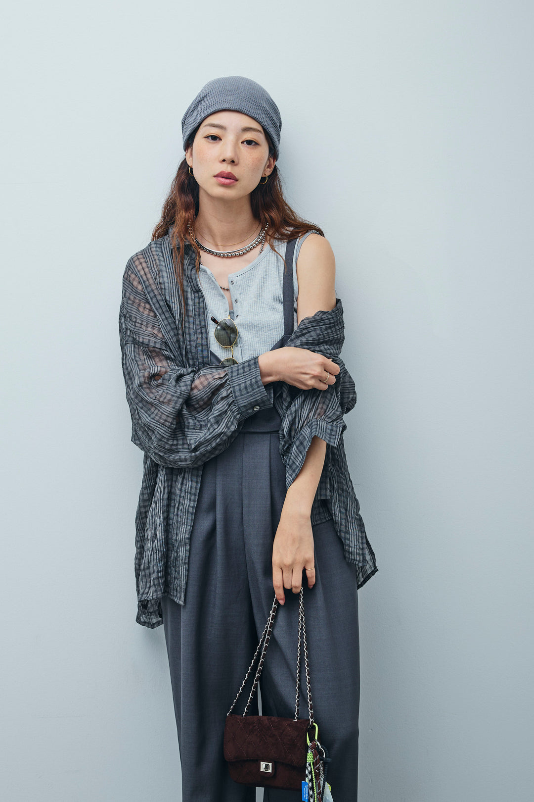 [予約/SET]シアーブラウス+セルフカットリブヘンリーネックノースリーブトップス+TRツイル2wayビスチェサロペ(3set)