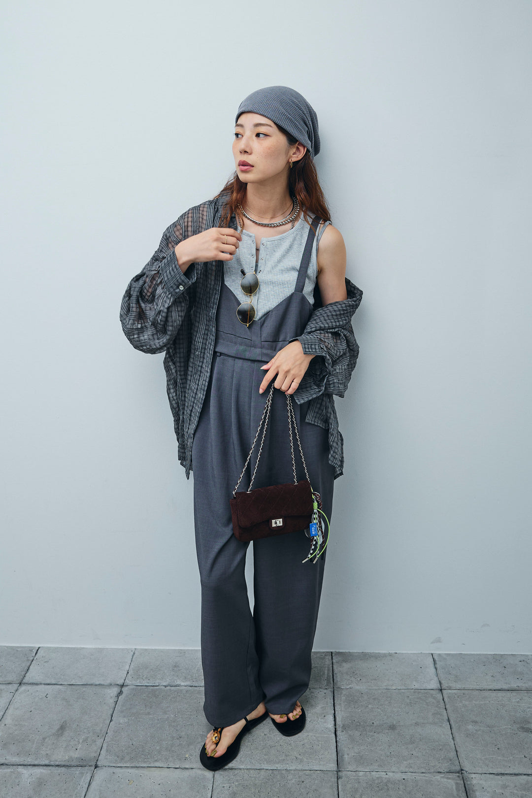 [予約/SET]シアーブラウス+セルフカットリブヘンリーネックノースリーブトップス+TRツイル2wayビスチェサロペ(3set)