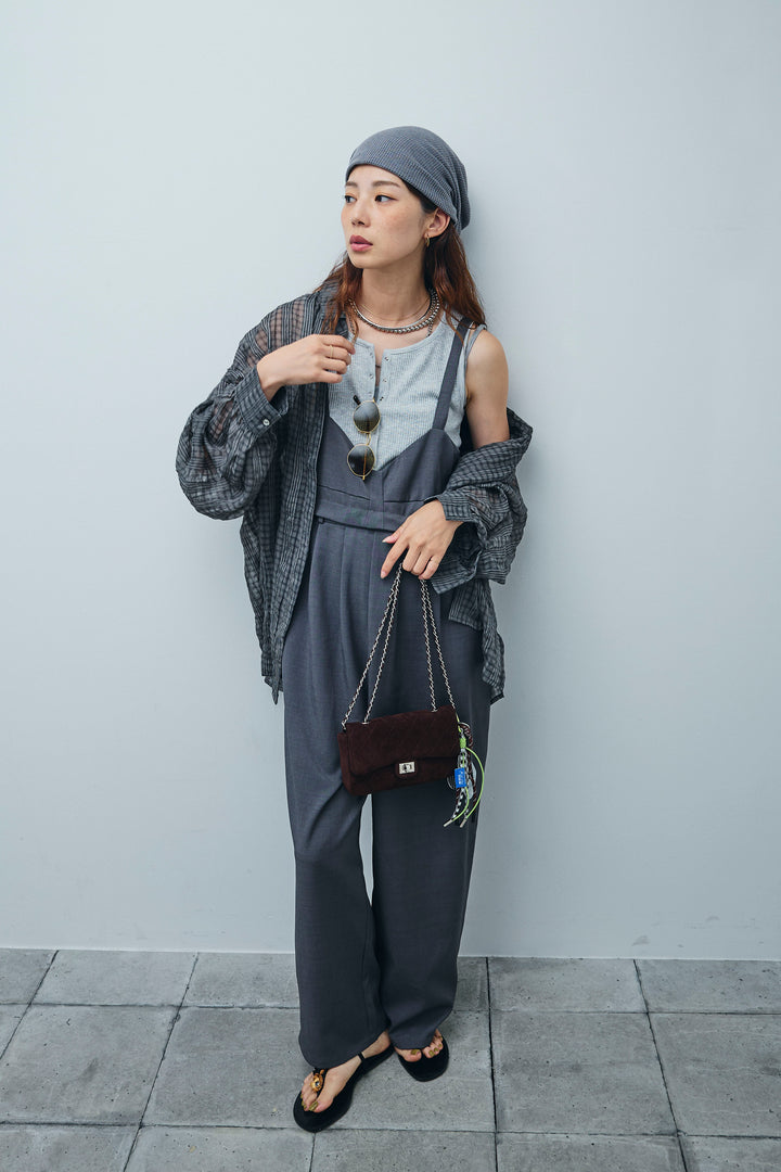 [予約/SET]シアーブラウス+セルフカットリブヘンリーネックノースリーブトップス+TRツイル2wayビスチェサロペ(3set)