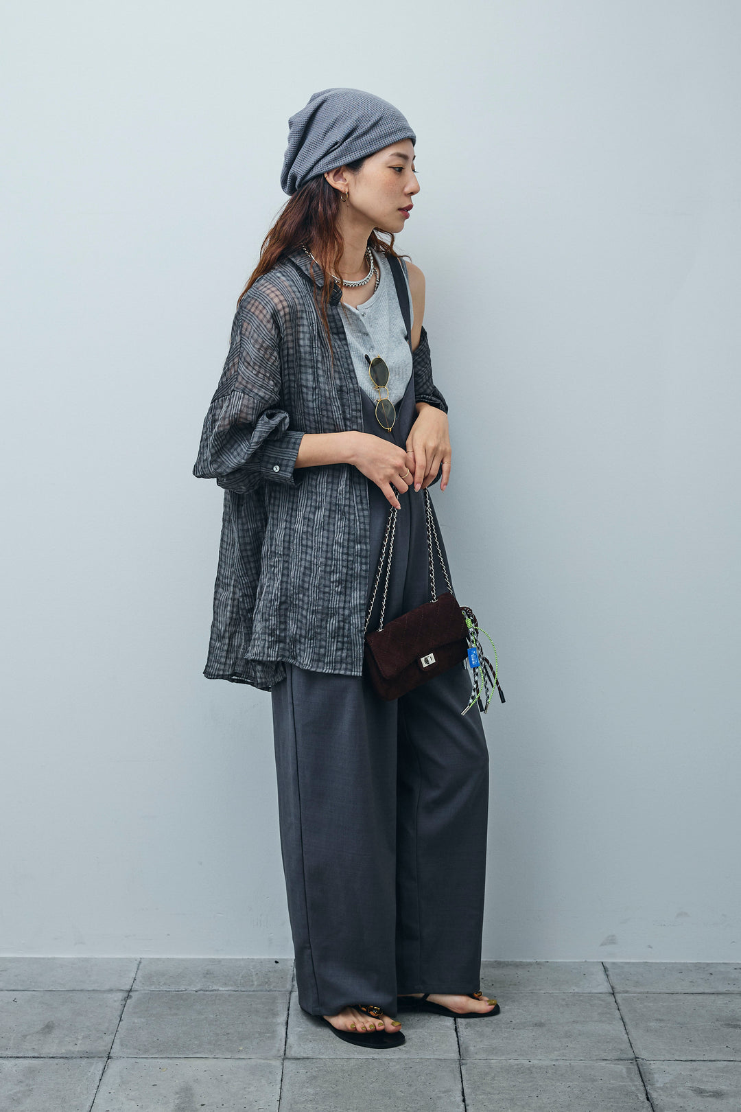 [予約/SET]シアーブラウス+セルフカットリブヘンリーネックノースリーブトップス+TRツイル2wayビスチェサロペ(3set)