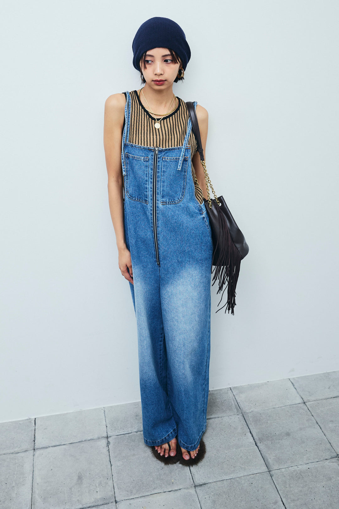 [予約/SET]ストライプレースタンクトップ+フロントジップストラップデザインデニムサロペット(2set)